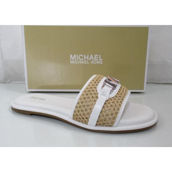 Michael Kors Ember Embellished Straw Slide Sandal Natural / Optic White Size 7.5 - Picture 1 of 8
